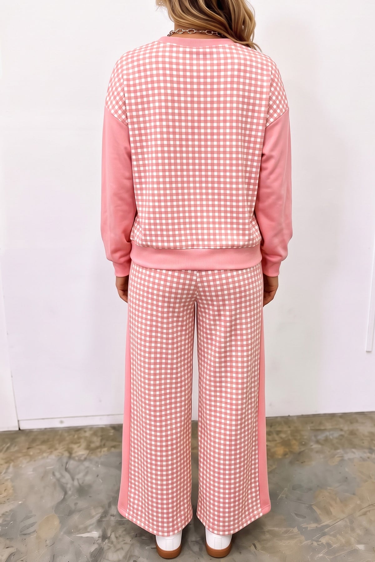 Red Color Block Plaid Patchwork Long Sleeve Pullover Wide Leg Pant Set