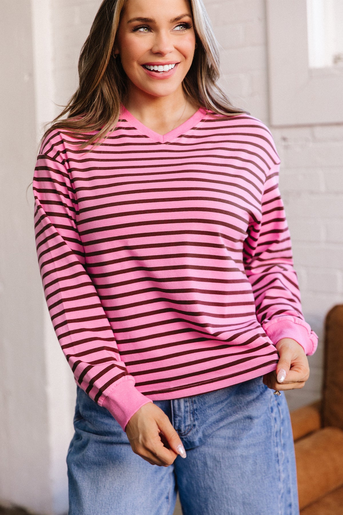 Striped Drop-Shoulder V-Neck Top