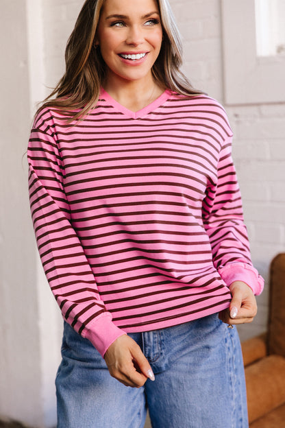 Striped Drop-Shoulder V-Neck Top