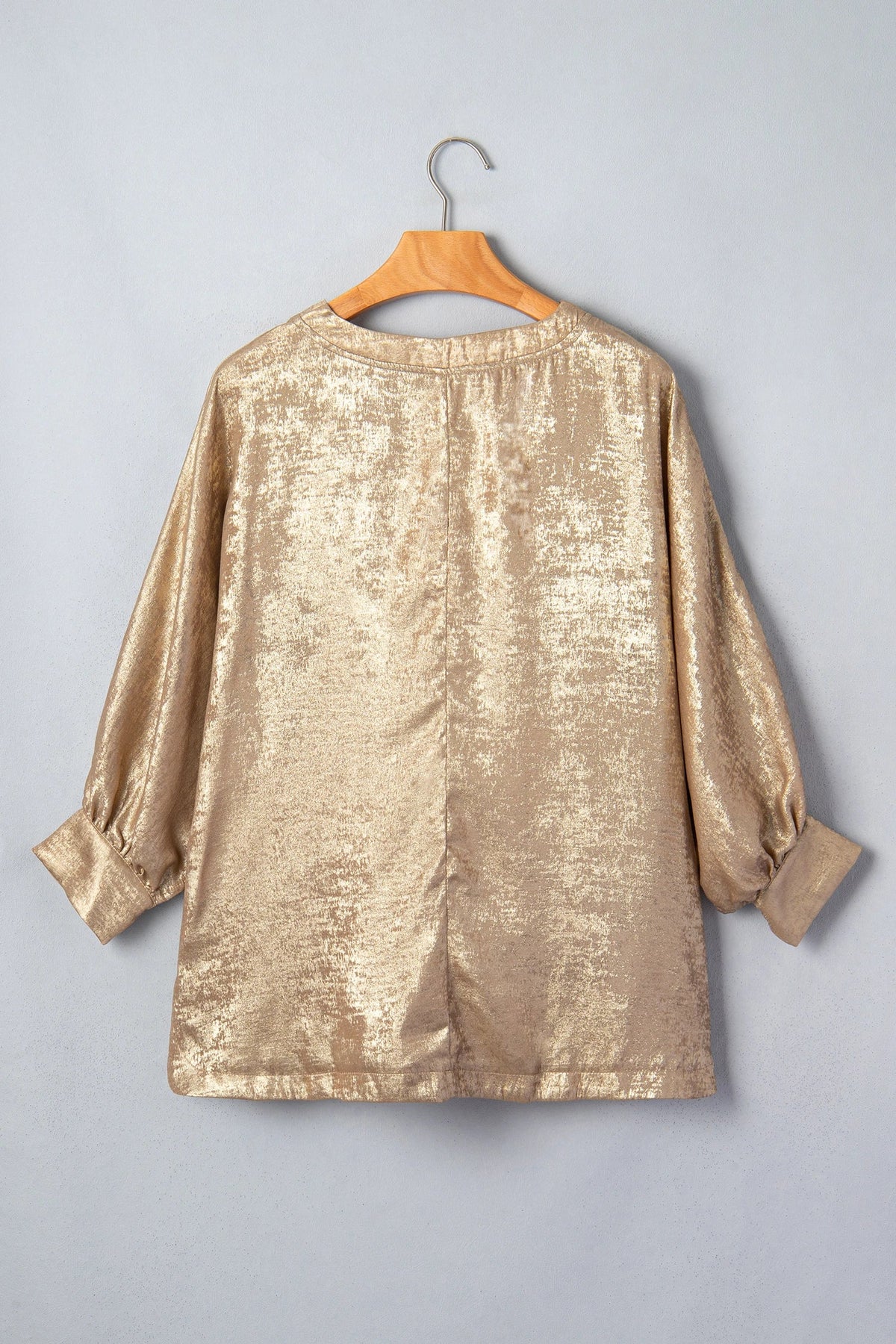 Metallic V-Neck Button Cuff Dolman Sleeve Blouse