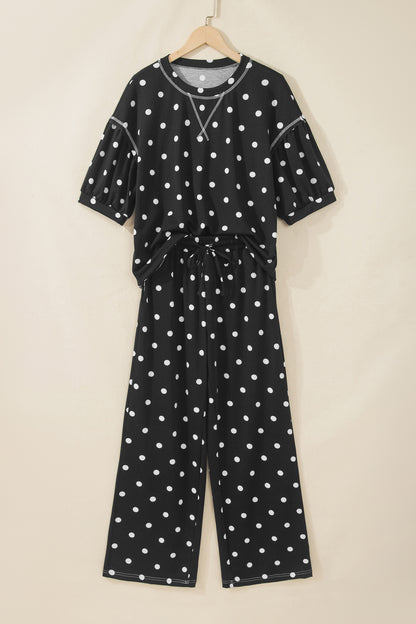 Beige Polka Dot Half Sleeve Loose Top Elastic Waist Casual Pants Set