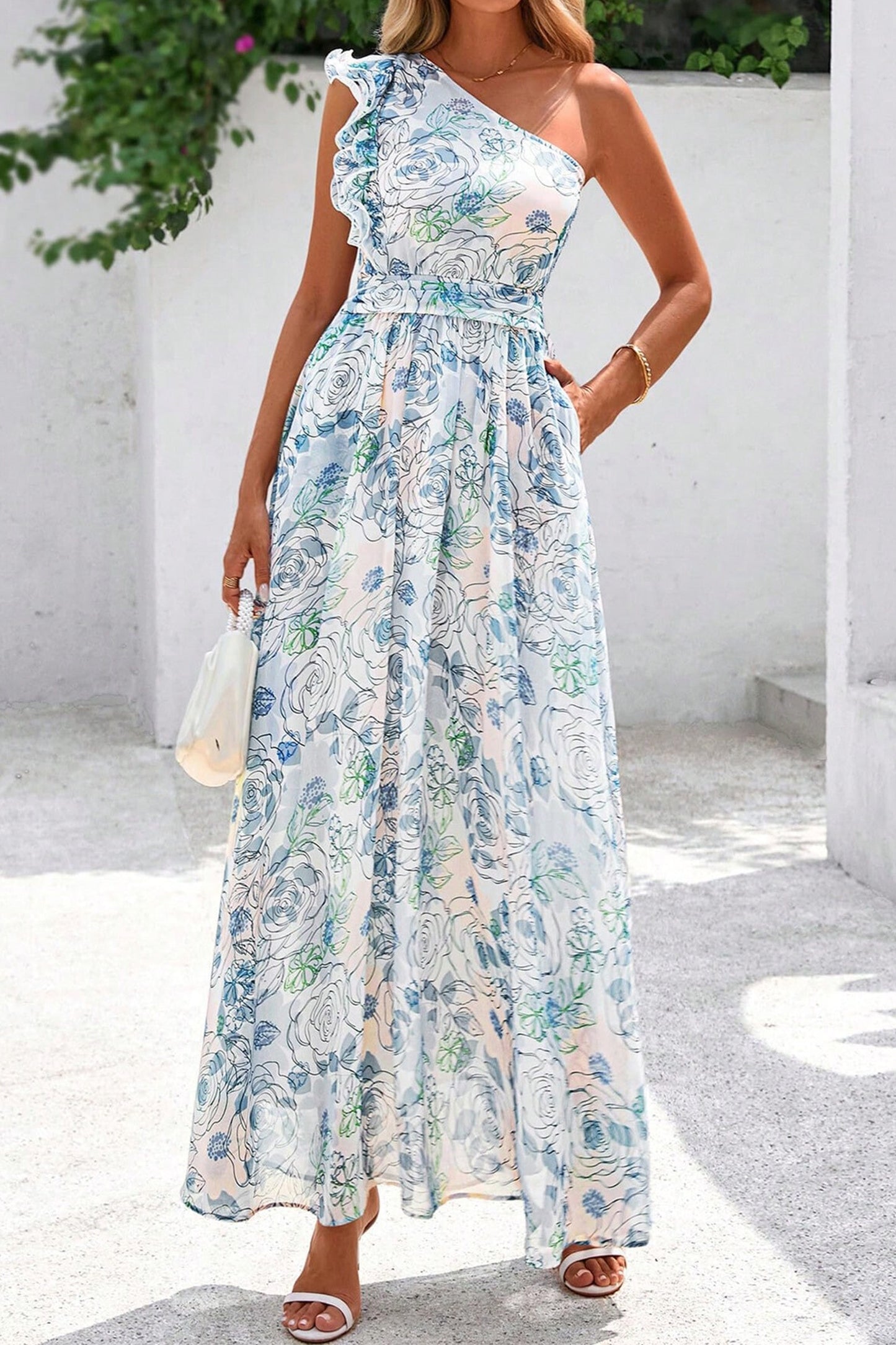 Garden Party Floral One-Shoulder Maxi Dress