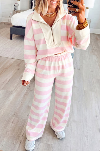Pink Stripe Half-Zip Pants Set