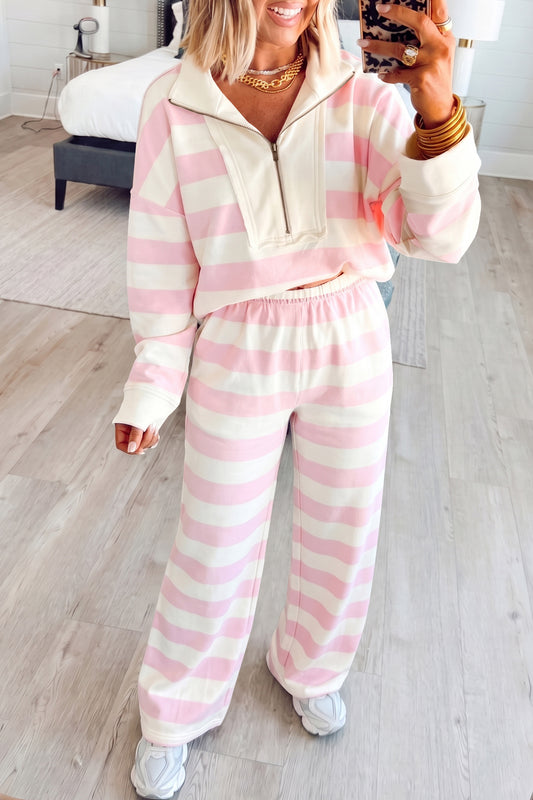 Pink Stripe Half-Zip Pants Set