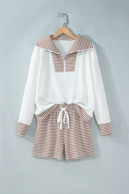 Stripe Patchwork Long Sleeve Top & Shorts Set