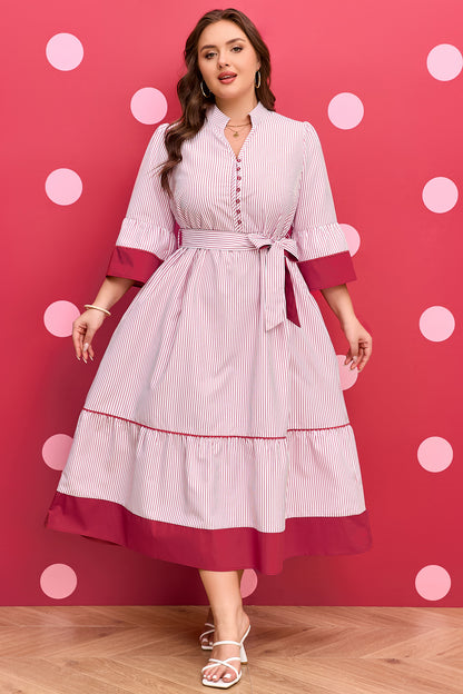 Red Stripe Ruffle-Hem Midi Dress