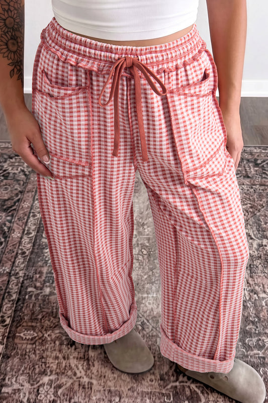 Plaid Contrast Trim Drawstring Pants