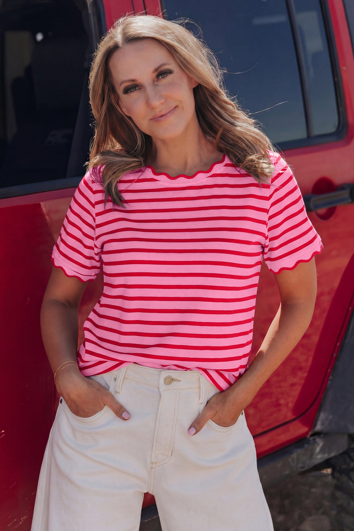 Scalloped Trim Round Neck T Shirt