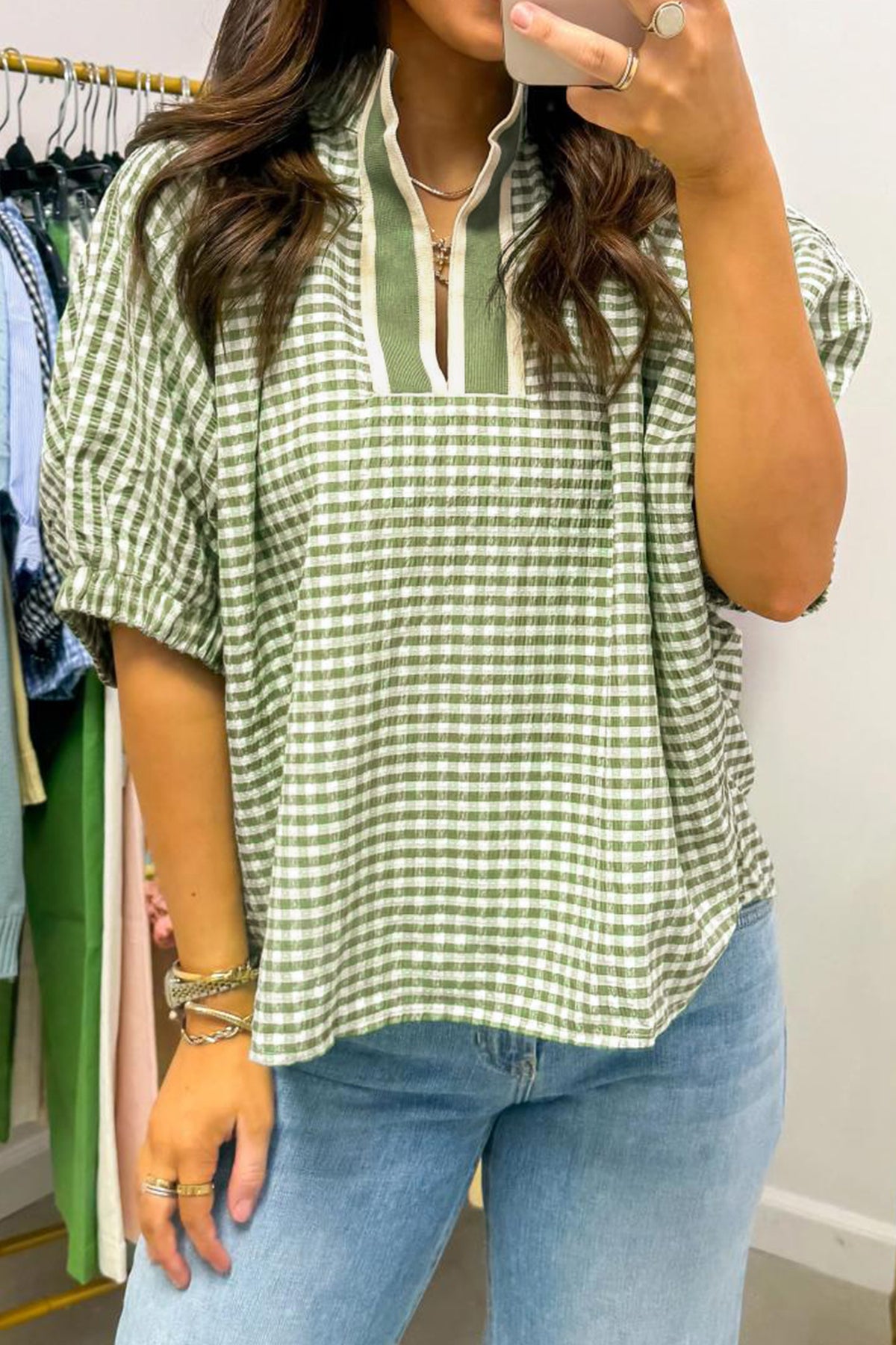 Plaid Colorblock Split-Neck Blouse