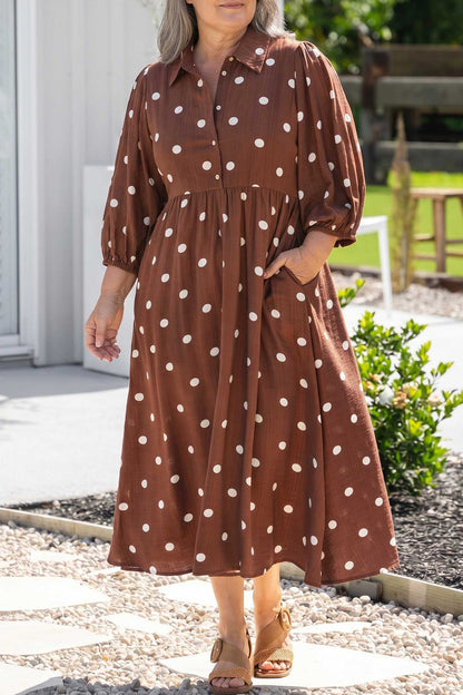 Brown Polka Dot Pocket Midi Dress