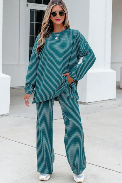Green Stripe Dropped Shoulder Long Sleeve Top Elastic Waist Pants Casual 2pcs Set