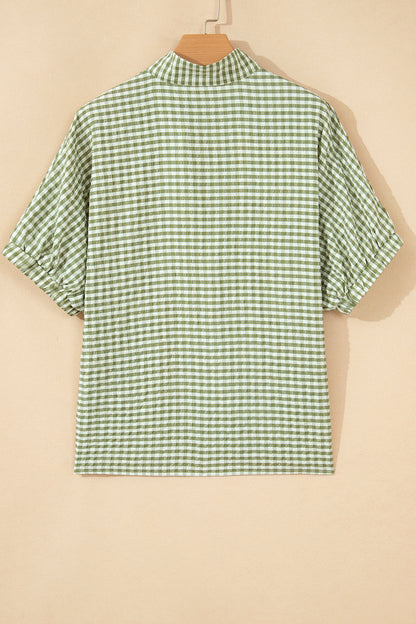 Plaid Colorblock Split-Neck Blouse