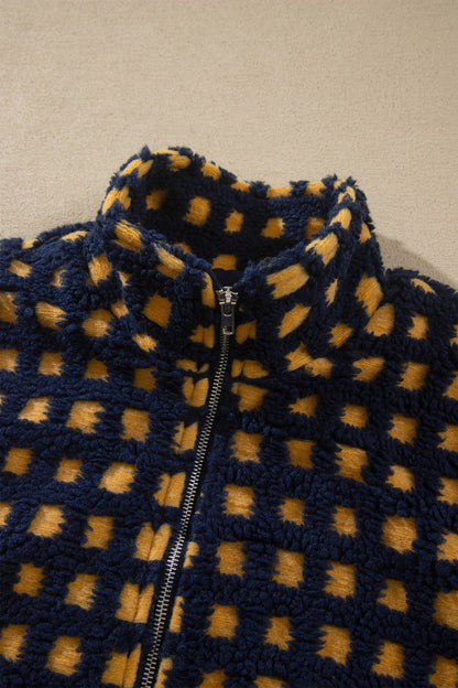 Gingham Sherpa Fleece Zip-Up Jacket