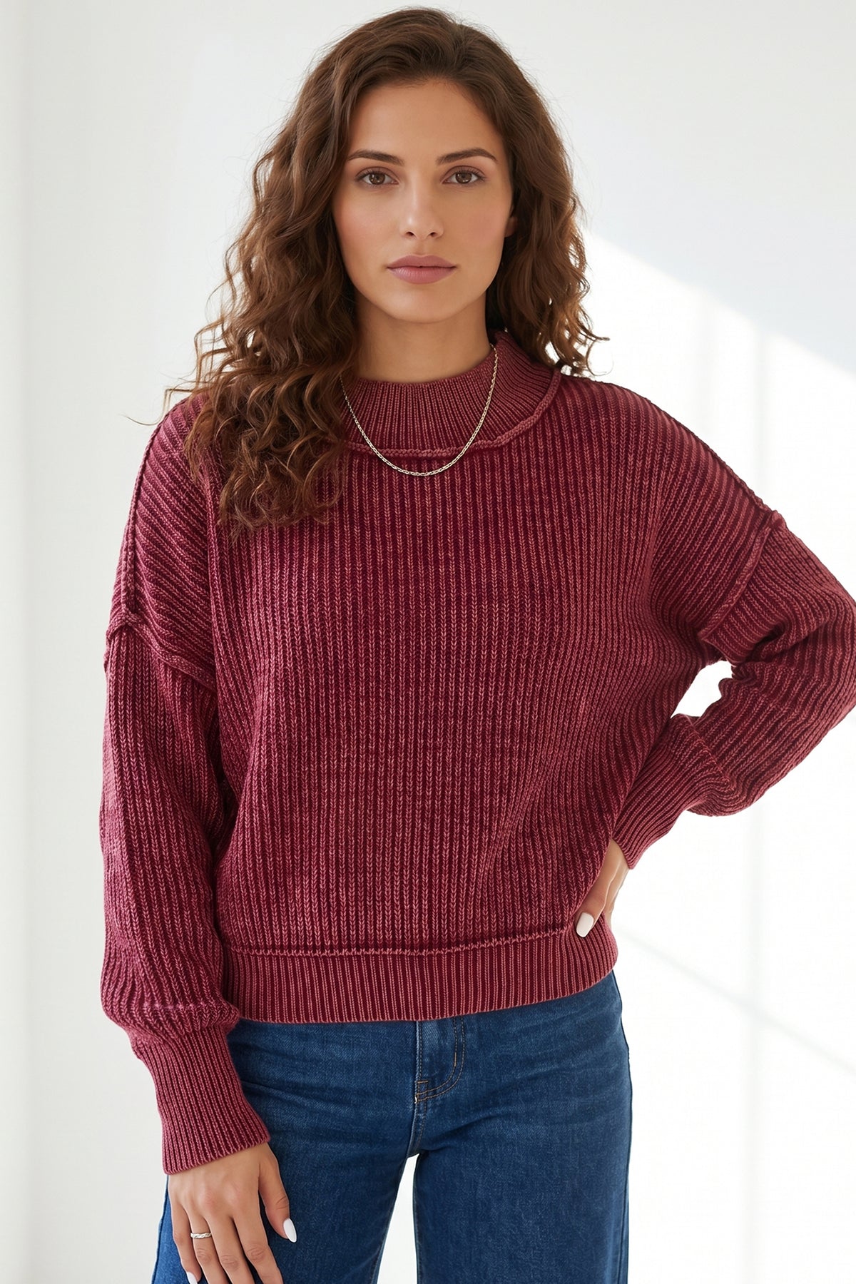 Red Dahlia Ribbed High-Neck Sweater