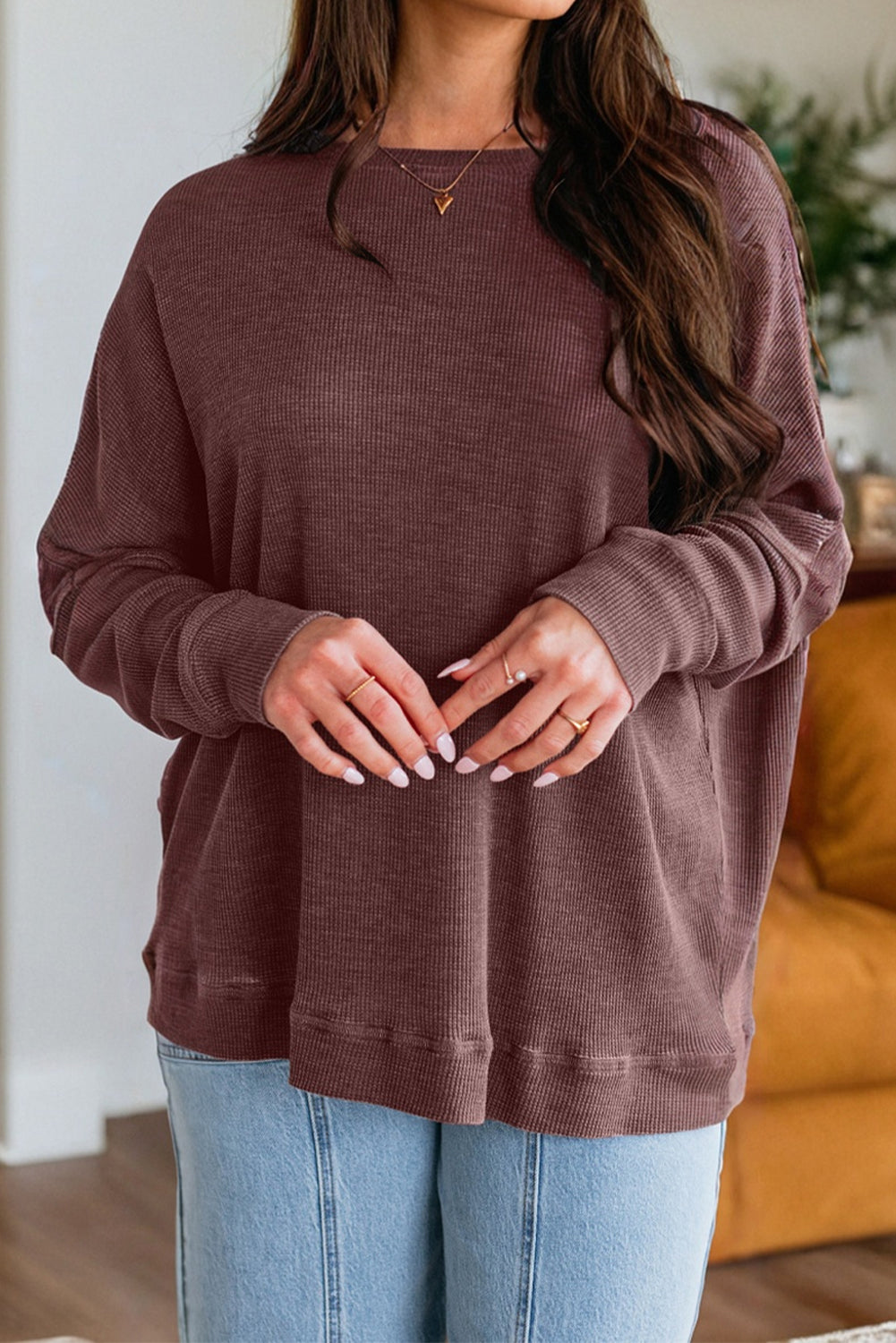 Waffle Knit Patchwork Long Sleeve Loose Top