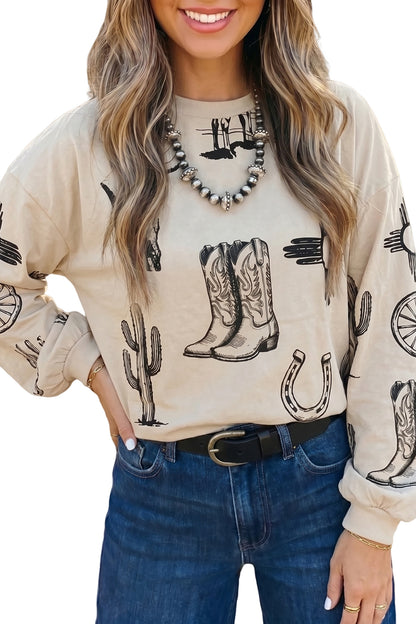 Western-Print Crewneck Top