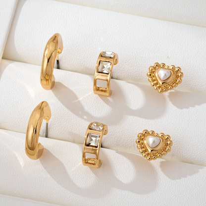 Pearl Heart & Rhinestone Huggie Hoop Trio