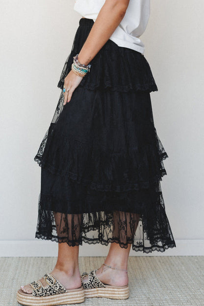 Black Ruffled Lace Midi Skirt