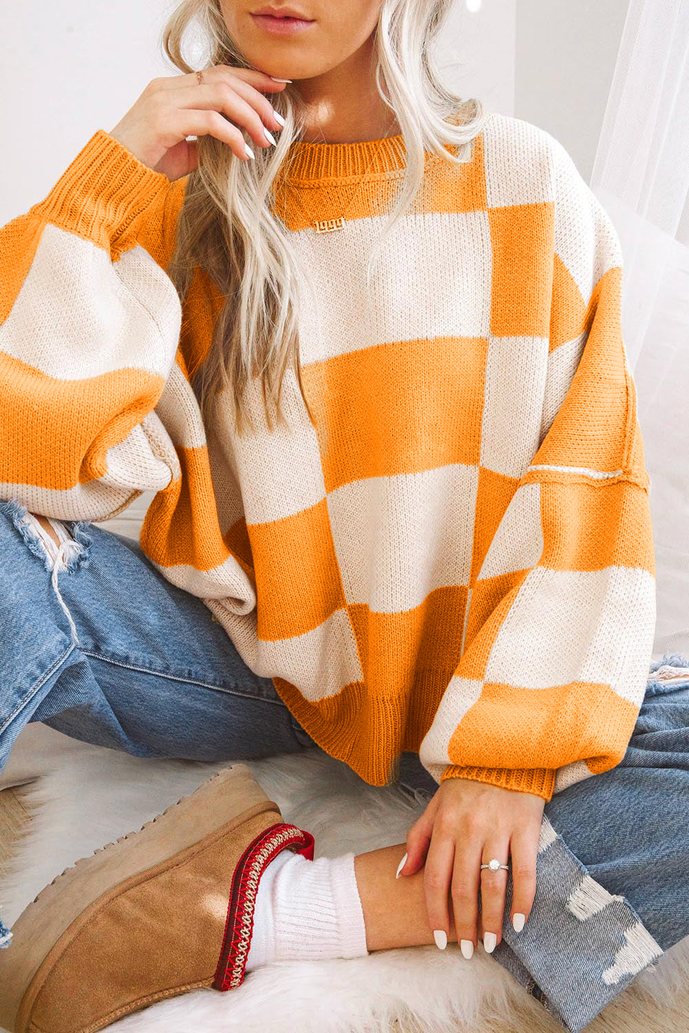 Cedar Checkered Bishop Sleeve Sweater