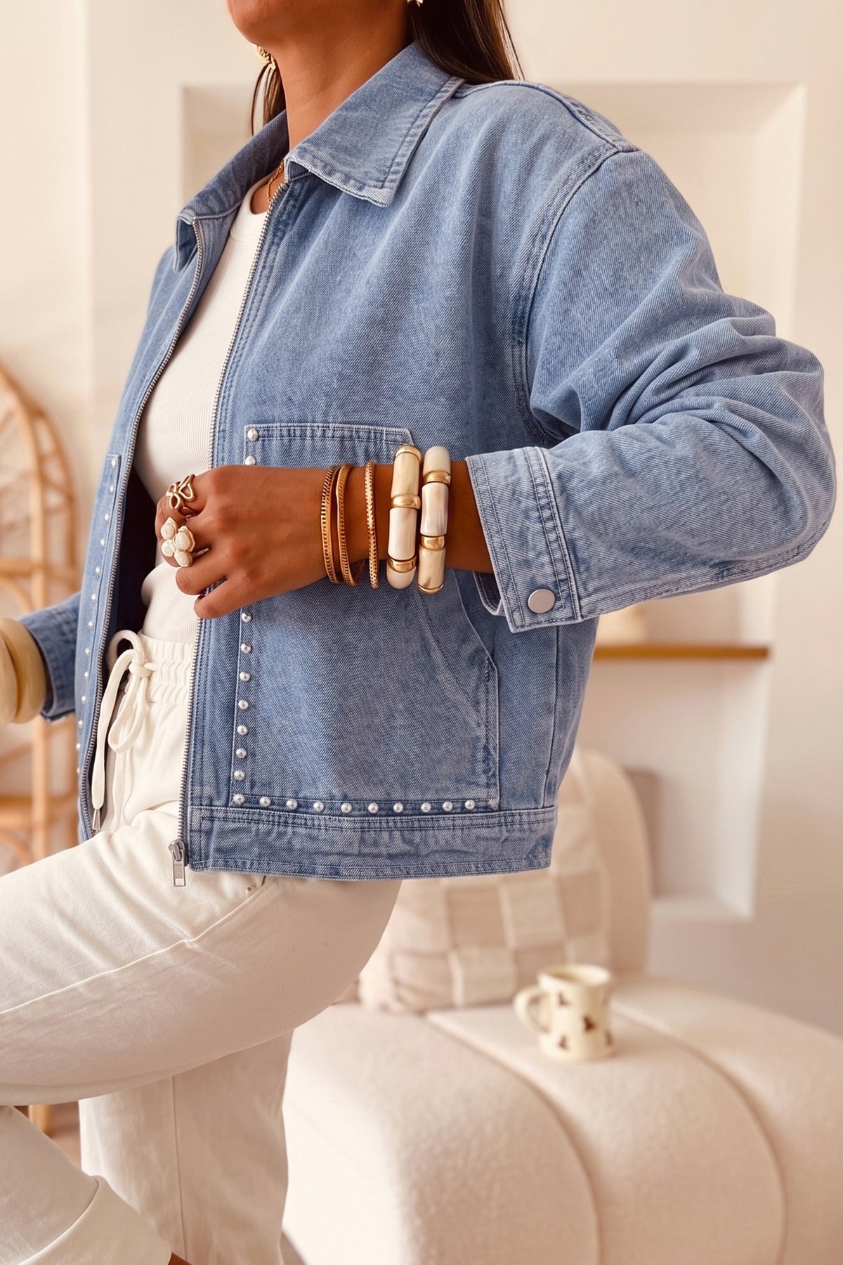 Beau Blue Studded Zip-Up Denim Jacket
