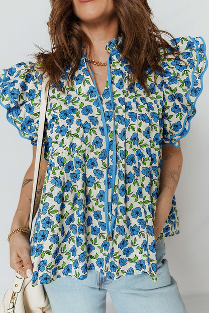 Tiered Floral Flutter-Sleeve Blouse