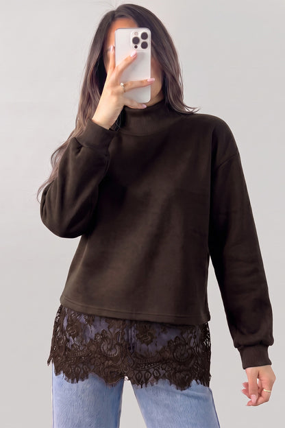 Lace-Hem Mock Neck Sweatshirt