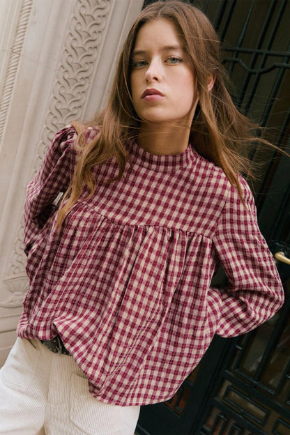 Plaid Keyhole Pleated Blouse