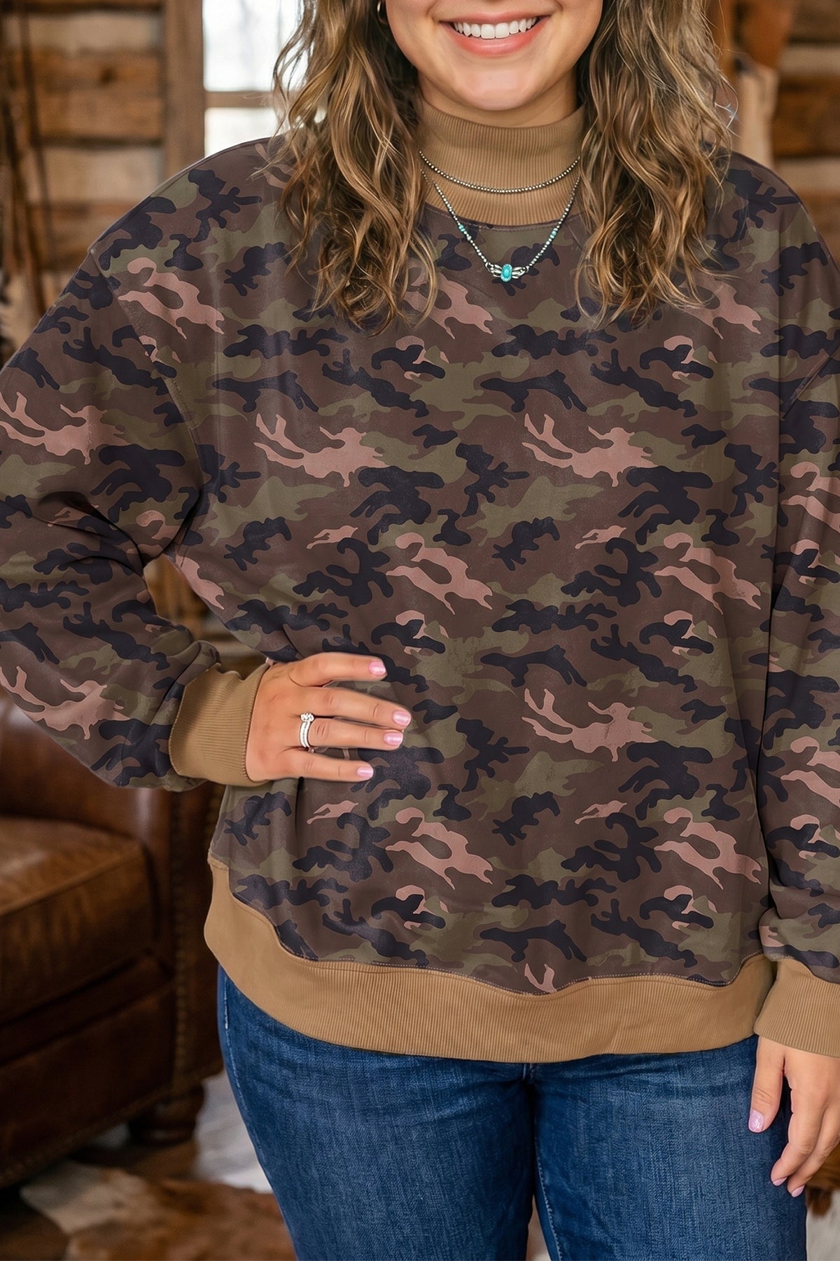 Green Camouflage Print High Neck Long Sleeve Oversized Shift Silhouette Tunic Length Plus Size Sweatshirt
