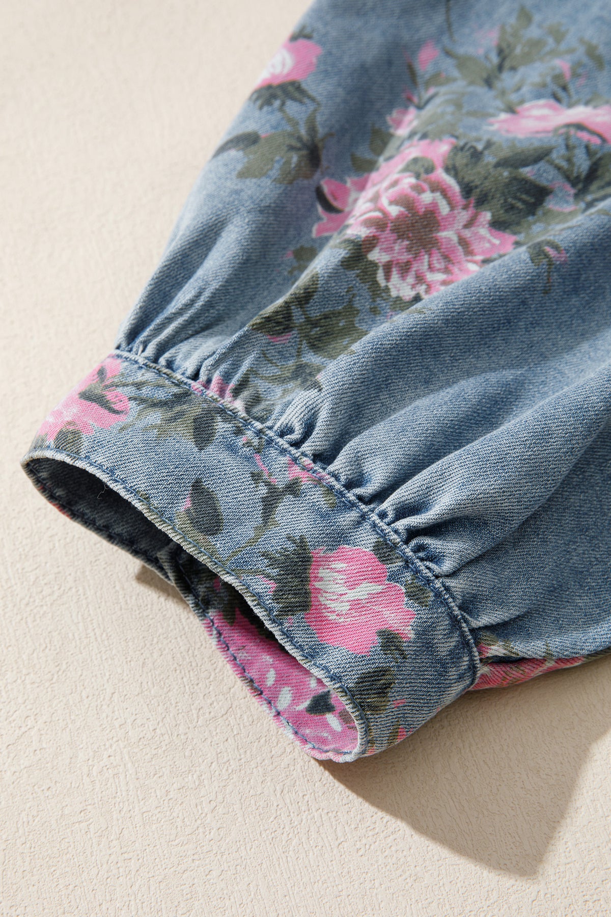 Floral Denim Bracelet-Sleeve Shirt