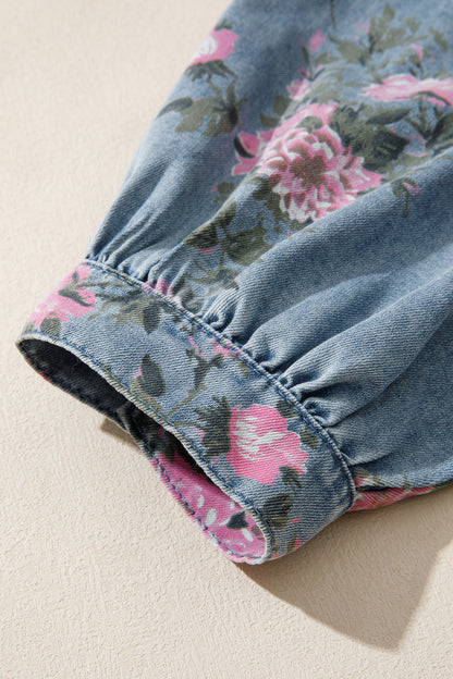 Floral Denim Bracelet-Sleeve Shirt