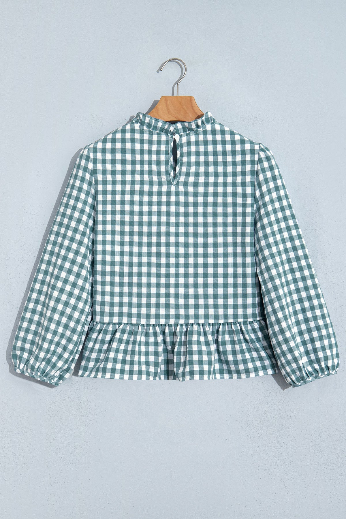 Gingham Shirred Long Sleeve Peplum Top — product image 5