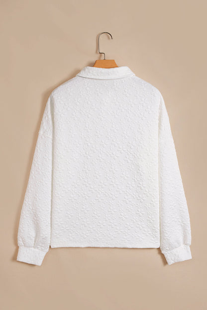 Solid Floral Textured Buttoned Collar Sweatshirt