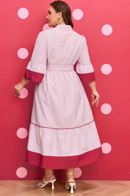 Red Stripe Ruffle-Hem Midi Dress