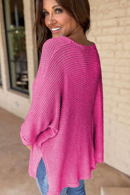 Waffle Knit Side Slits Loose Fit V Neck Top