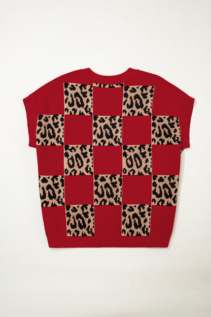 Leopard Checkered Short Sleeve Sweater