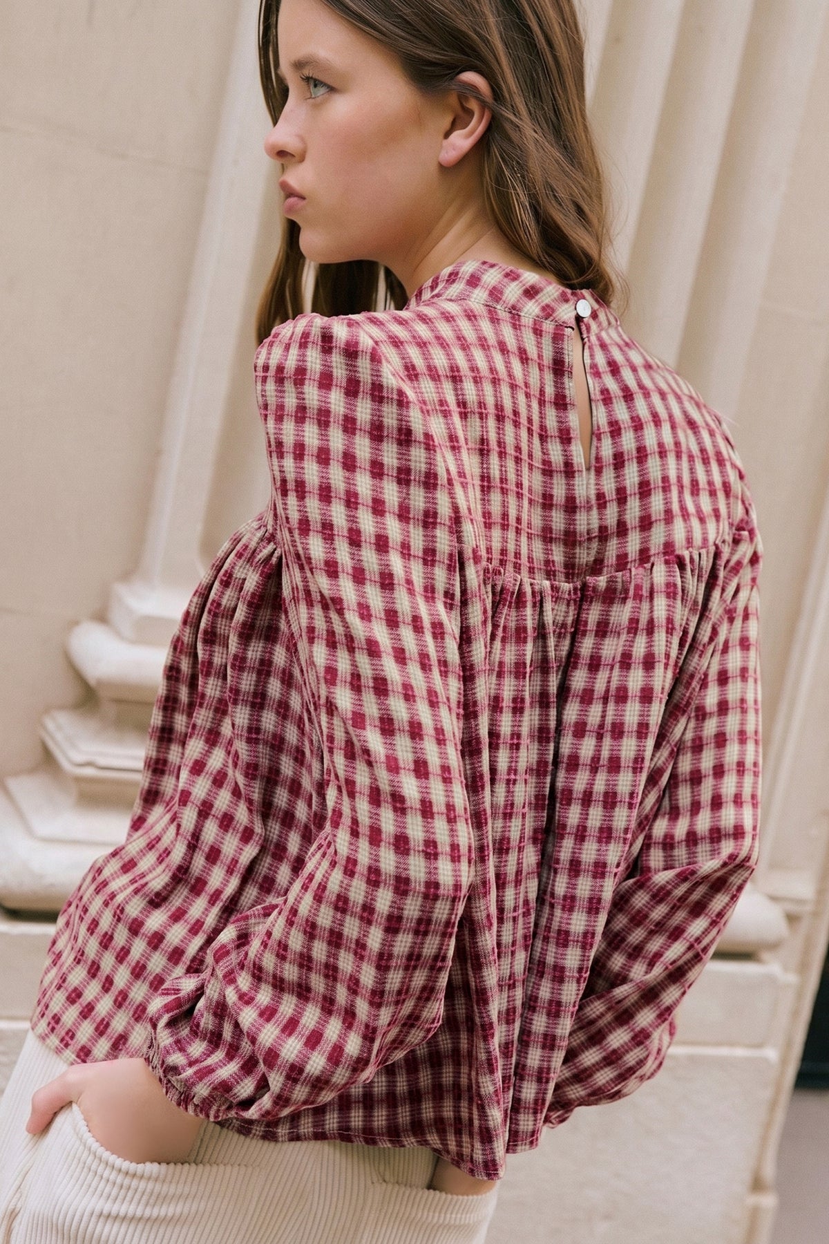 Plaid Keyhole Pleated Blouse