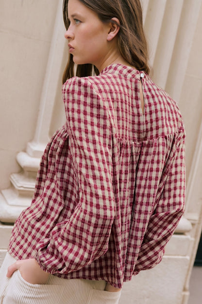 Plaid Keyhole Pleated Blouse