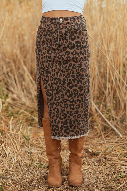 Leopard Denim Midi Skirt
