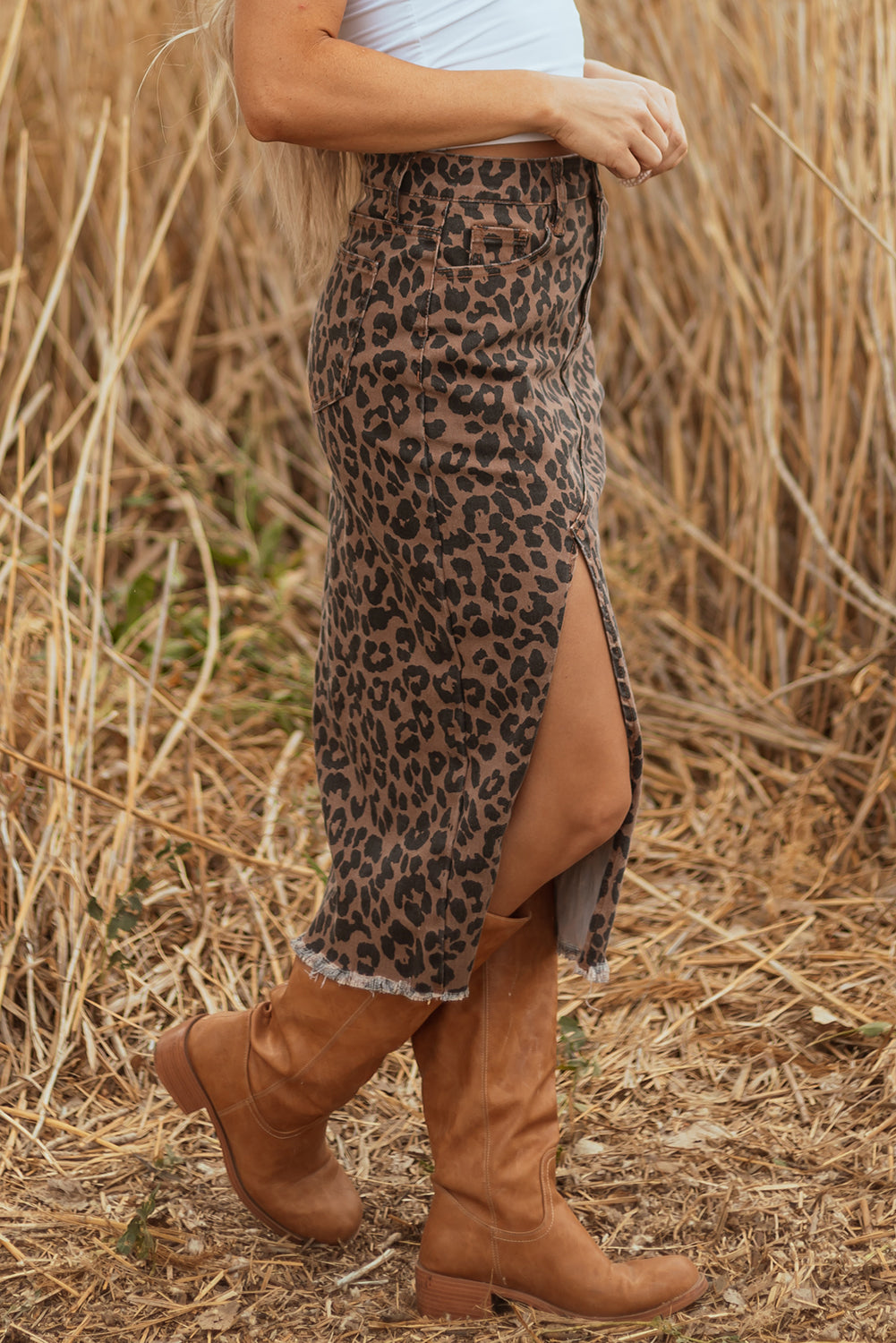 Leopard Denim Midi Skirt