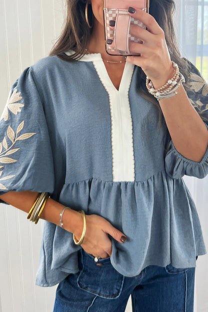Embroidered Puff-Sleeve Babydoll Blouse