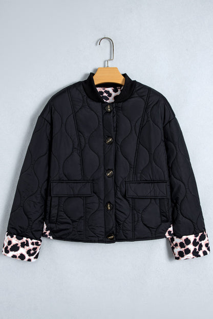 Leopard Cuff Quilted Button Down Puffer Jacket