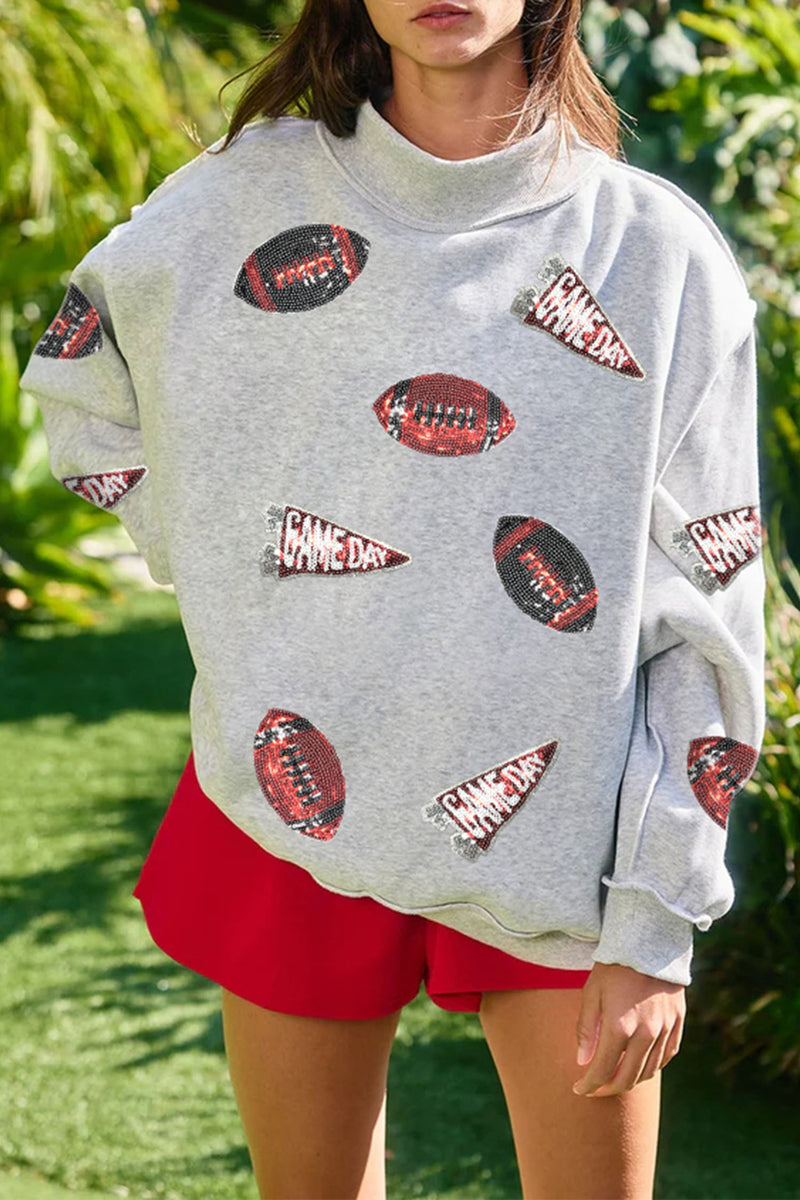 Sequin Rugby Game Day Mock Neck Sweatshirt