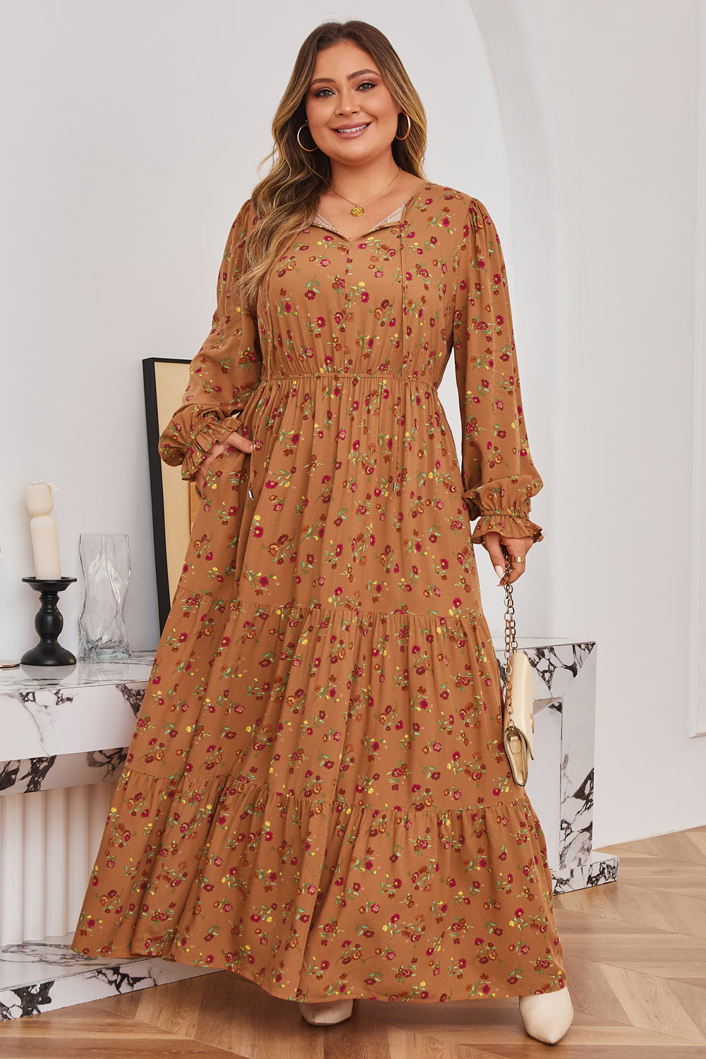 Brown Floral Tiered Maxi Dress