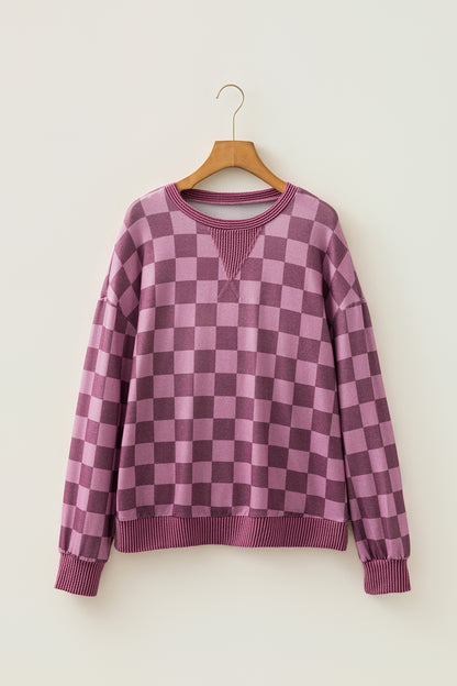 Red Check Ribbed-Trim Pullover