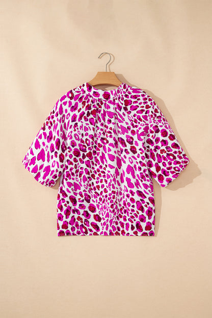 Leopard Puff-Sleeve V-Neck Blouse