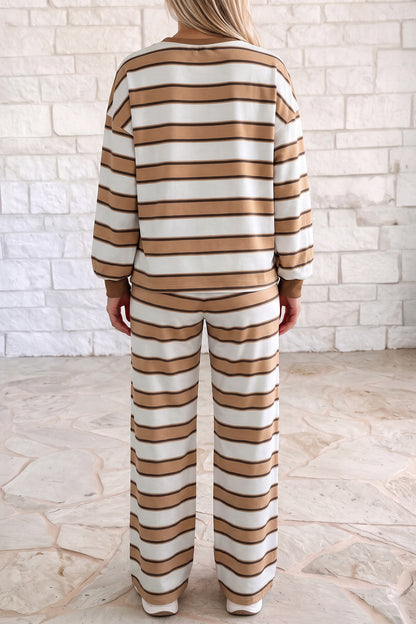 Khaki Stripe Contrast-Trim Pant Set