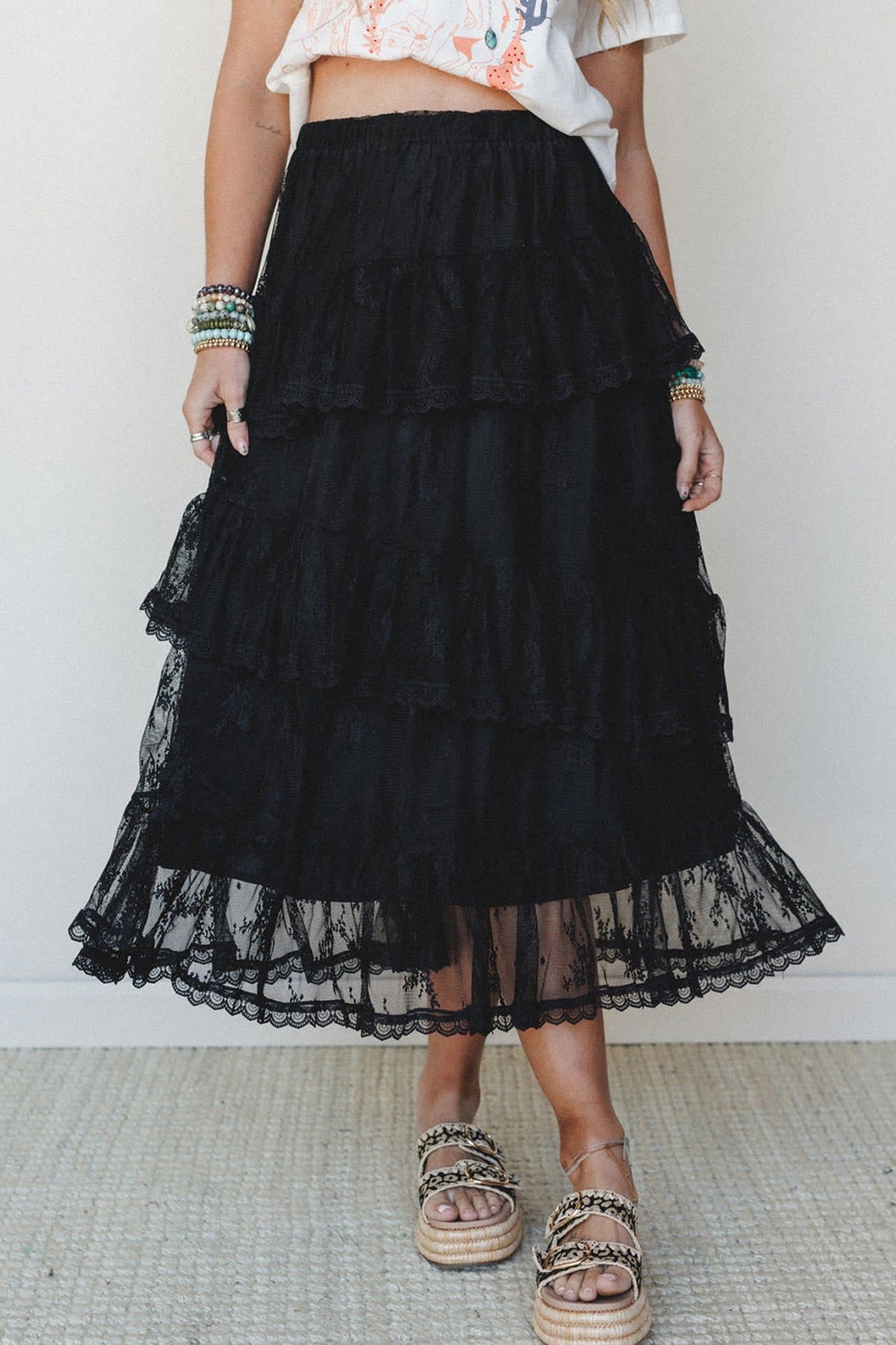 Black Ruffled Lace Midi Skirt