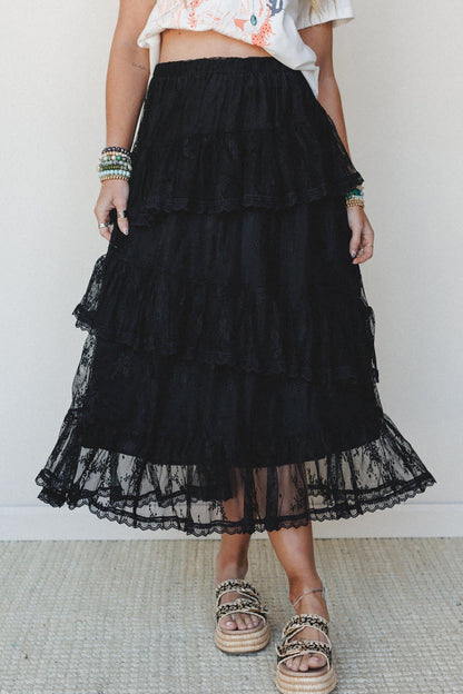 Black Ruffled Lace Midi Skirt