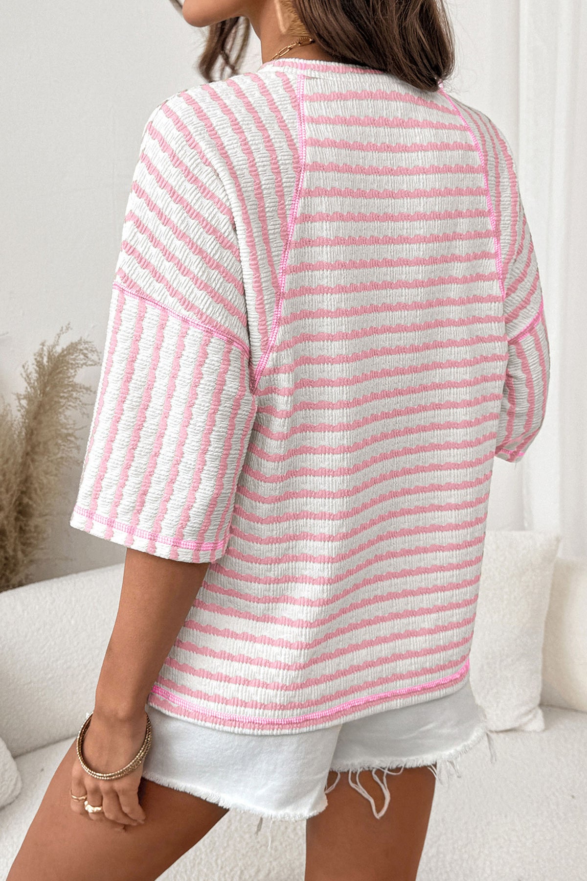 Textured Knit Split Hem Half Sleeve Loose Top