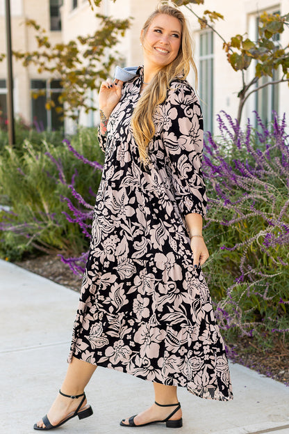 Black Floral Puff-Sleeve Maxi Dress